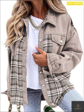 Oversized Denim Shacket Long Sleeve Button Down Plaid Jacket With Pockets